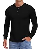 KUYIGO Men's Long Sleeve Henley Shirts Slim Fit Casual Waffle Fashion Button Shirt Tops Black L