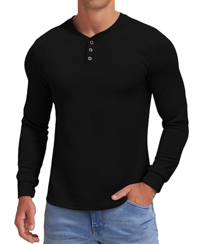 KUYIGO Men's Long Sleeve Henley Shirts Slim Fit Casual Waffle Fashion Button Shirt Tops Black L