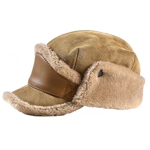 Reyox Men's Winter Hat with Visor, Warm Earflaps Trapper Hat, Sheepskin Baseball Cap Khaki XX-Large
