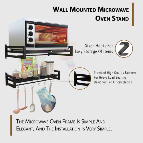 SAIFIX Metal Oven Stand Wall Mounted Microwave | Pot Rack | Oven | OTG | Grinder | Air Fryer Stand With 4 Hook Utensil | Organizer | Storage | Container(Black, 60 L X 40 W X 15 H & 60 L X 15 W X 15 H)
