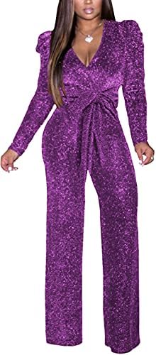 shengfan Wide Leg Jumpsuits for Women Plus Size Sexy Sparkly Elegant Clubwear Deep V Neck Long Sleeve Rompers with Belt