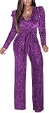 shengfan Wide Leg Jumpsuits for Women Plus Size Sexy Sparkly Elegant Clubwear Deep V Neck Long Sleev