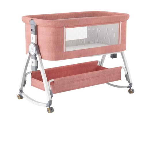 Foke持ち運び可能で折りたたみなベビーベッド、添い寝ベッド、ゆりかご、6段階の高さ調節が可能です、収納バスケット、蚊帳、マット、枕が付属しています、通気性に 新生児用ベビーベッドは、出産祝いにも最適です (ピンク)