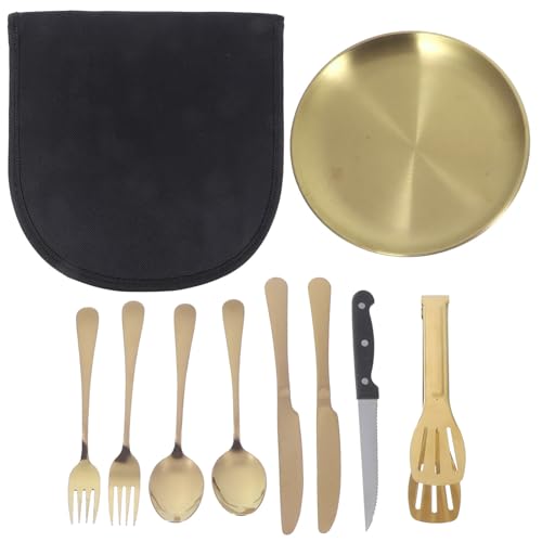 HOLIDYOYO 1set Stainless Steel Camping Utensil Portable Travel Cutlery Kit with Serving Spoon Storage Bag Sleek Design for Outdoor Dining Easy to Clean