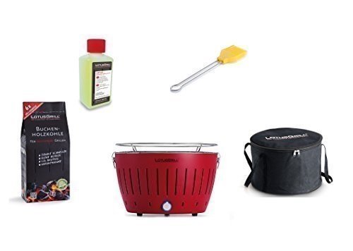 LotusGrill STARTER KIT 1x rosso fuoco 1x CARBONE LEGNO FAGGIO 1Kg, 1x sterno 200ml, 1x Pennello Marinata GIALLO MAIS, 1x Borsa trasporto - Der raucharme Barbecue a carbone/GRIGLIA DA TAVOLO VARIE