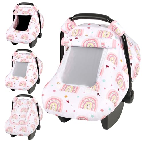 Image of Pea Pod Car Seat Cover Baby, Infant Car Seat Canopy Covers with 2 Layers Windows of Breathable Mesh Fabric, Lightweight Polyester, Soft Minky Dot Backing (Rainbow & Floral Pattern)