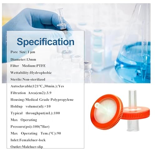 Image of Syringe Filters Hydrophobic PTFE Membrane 100PCS, 1um Pore Size,13mm Disc Diameter,HPLC and GC Needle Filter, Non-Sterile, High Throughput Lab Filtration, Barreled Packed