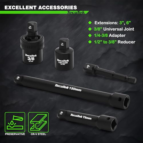 Image of TecoTek 3 /8 inch Drive Impact Socket Set, 49-Piece Standard SAE (5 /16 inch-3 /4 inch) and Metric (8mm-22mm), 6 Point, Cr-V, Extension Bars, 1 /2 inch F to 3 /8 inch M Reducer, Universal Joint and Power Drill Adapter