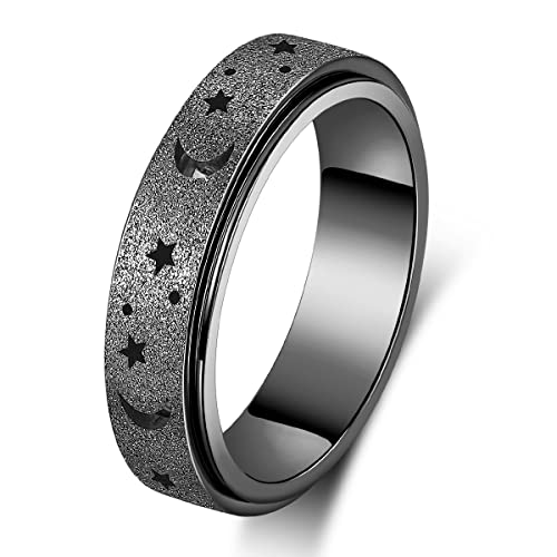 AmorArtSky Spinner Ring for Anxiety Relief Fidget:Anxiety Ring for Women Men,Titanium Stainless Steel Spinner Ring,5 Colors,6MM,Size 7,Fidget Ring,Moon Star,Hollow Outer-Black