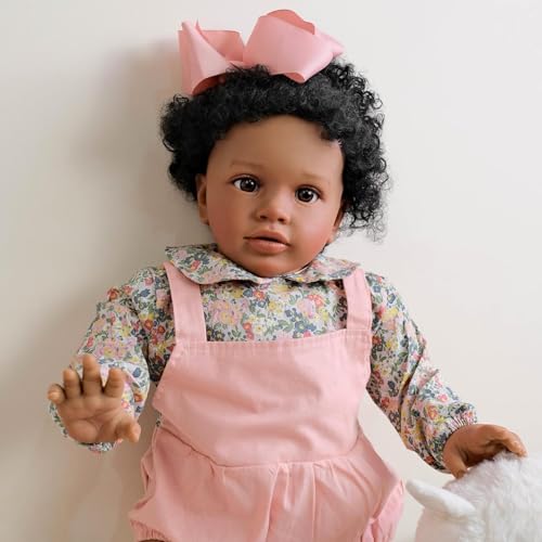 ROSHUAN Große Größe Reborn Kleinkind Puppen Schwarzes Mädchen 26 Zoll Afroamerikanische Reborn Babypuppen Weicher Tuch Körper Realistische Kleinkind-Puppe Echtes Leben Babypuppe – Bild 4