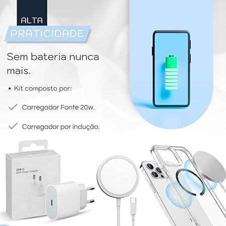 Kit Carregador Magnético Indução + Fonte USBC 30W Compatível iPhone XR 11 12 13 14 15 Pro Max Plus