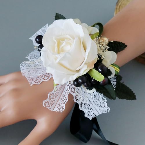 Aimto Ivory Rose Rose&Black Wrist Corsage and Boutonniere Set for Ivory Rose Wedding Flower Accessories Prom Suits (Ivory Rose Set)