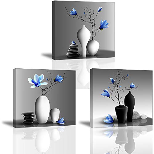 Flower Wall Art for Bathroom Hallway, SZ Elegant Orchid Still Life Canvas Painting Prints, Blue Magnolia in Black and White Vases Picture (Ready to Hang, Waterproof Decor)