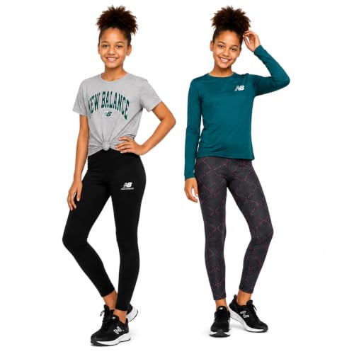 Image of New Balance Active Girls Legging Set - 4 Piece Athletic Short Sleeve Shirt, Long Sleeve Shirt & Activewear Girls Leggings Set