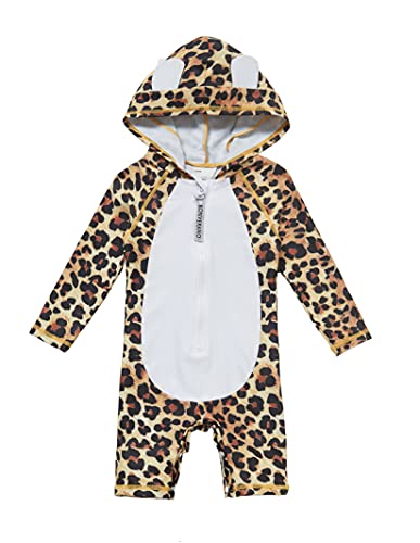 Infant Girls One Piece Hooded Snaps UPF 50+ Sun Protection Zip Sunsuit (Leopard, 9-12 Months)