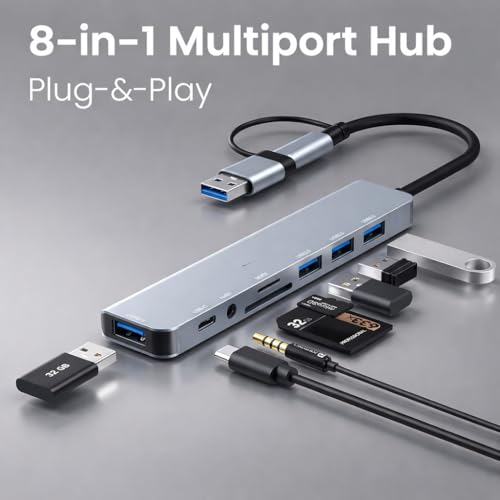 Image of Port 8 Plus 8-in-1 USB Hub, Dual Connector USB 3.0 and Type-C, SD /TF Card Reader, 3.5mm AUX Jack, for Laptops and Tablets