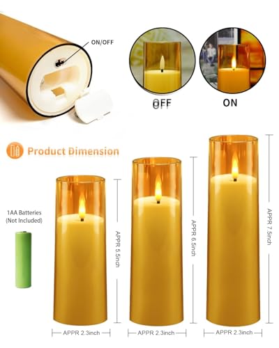 Image of kakoya Flickering Flameless Candles Battery Operated with Remote and 2 /4 /6 /8 H Timer Acrylic Led Pillar Candles Pack of 9 (appr D2.3 inchxH5.5 inch6.5 inch7.5 inch)with Realistic 3D Wick Candles for Home Decor(Gold)