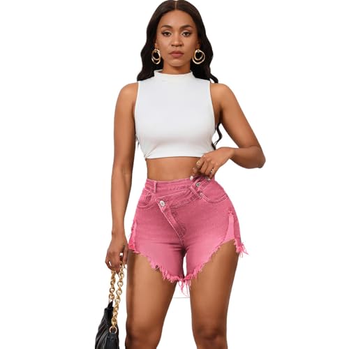 Image of PINSV Women's High Waisted Crossover Jean Shorts Ripped Hem Raw Denim Shorts