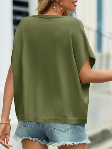 Image of Saodimallsu Womens Summer Oversized Cardigans Batwing Short Sleeve Lightweight Button V Neck Casual Knit Sweater Tops