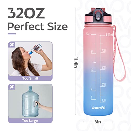 Image of Venture Pal Water Bottle With Straw, 32 Oz Water Bottles With Times To Drink,Motivational Water Bottle With Time Marker To Inspire You Drink More Water (Plastic, Pack Of 1, Pink Blue), 32 fluid ounce