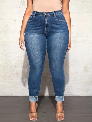 Plus Szie Women's High-Waisted Stretch Denim Jeans, Medium Blue Wash, Plus Size, Cuffed Ankle Length, Casual Style4