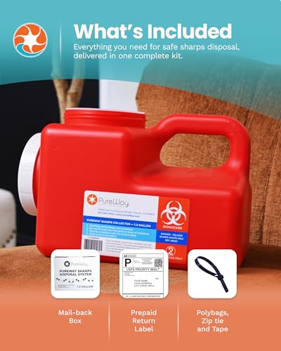 PureWay 1.2 Gallon MailBack Sharps Disposal Container – Secure Needle Box for Safe Medical Waste & Used Syringe Disposal | Sharps Container for Home Use, Travel, Clinics, and Professional Settings