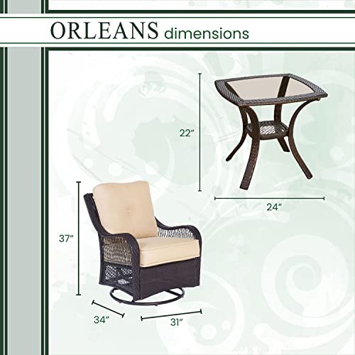 Hanover Orleans 3-Piece Steel Outdoor Patio Chat Set With Brown Wicker, Swivel Gliders, Sahara Sand Cushions, 2 Pillows And Glass Top Square Side Table, Orleans3Pcsw-B-Tan, Tan #TOP2