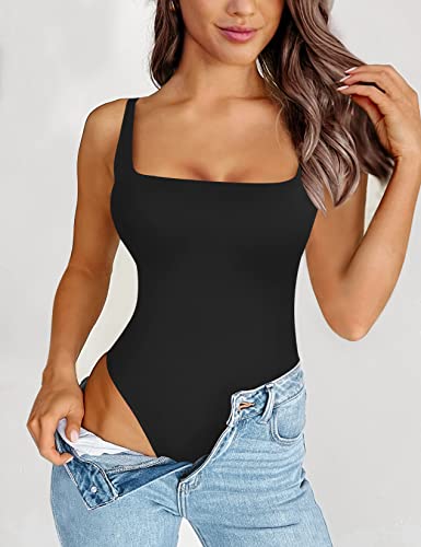 Saungkuai Women's Summer Square Neck Bodysuits Sleeveless Open Back Slimming Tank Tops Thong Body Suit Black Medium #TOP1