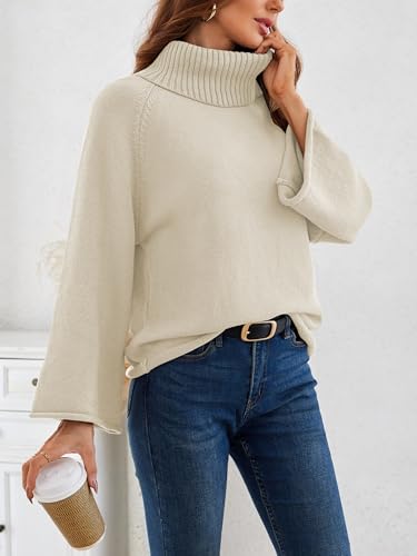 Angashion Womens Oversized Sweaters Turtleneck Pullover - Flared Long Sleeve Knit Sweater Light Fluffy Light Apricot Large