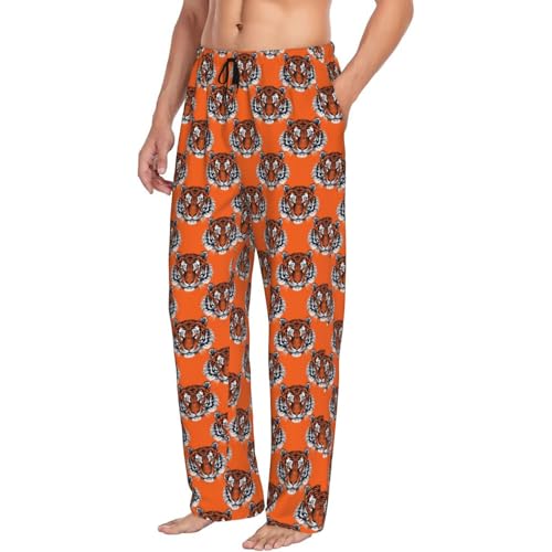 Mens Pajama Pants - Cool Tiger Orange Print Soft Sleep Lounge Pants For Men, Casual Pj Bottoms With Pockets