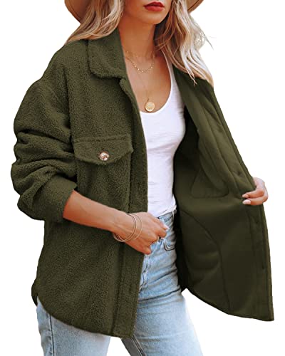 Reachme Womens Sherpa Fleece Jacket Button Down Shirt Jacket Long Sleeve Shacket With Pockets Lapel Coat(Army Green,S) #TOP1