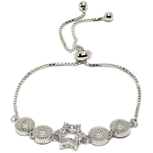 Image of ZENEME Set of 2 Rhodium-Plated Silver Toned American Diamond Bracelet Combo for Women & Girls Adjustable Designer CZ Tennis Bracelets