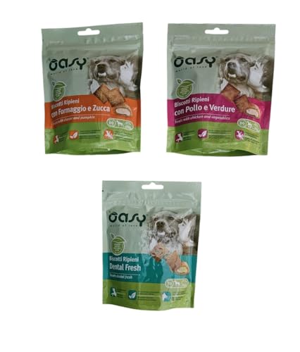 Oasy Snack Per Cani-Biscotti Ripieni-OFFERTA 3 Buste - (1 Busta da 80 g con Formaggio e Zucca, 1 Busta da 80 g con Pollo e Verdure, 1 Busta da 70 g Dental Fresh).