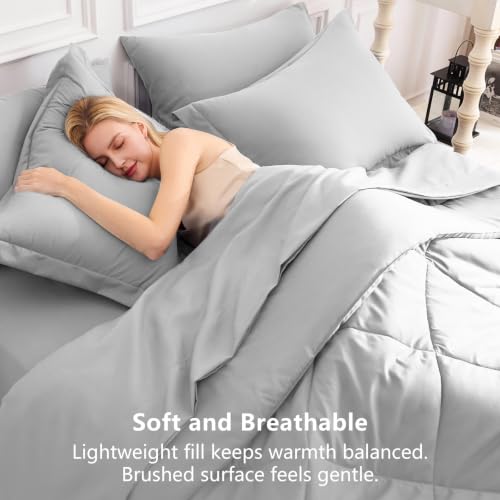 Image of CozyLux Queen Comforter Set Light Grey - Bed in a Bag Queen Size 7 Pieces, Luxury Soft Bed Set for All Seasons, Bedding Set with Down Alternative Comforter, Sheets, Pillowcases & Shams