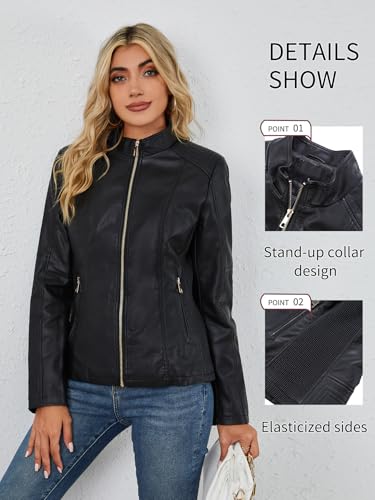 Bellivera Faux Leather Jacket Women Motorcycle Zipper Bomber PU Bike Coat with Pockets3