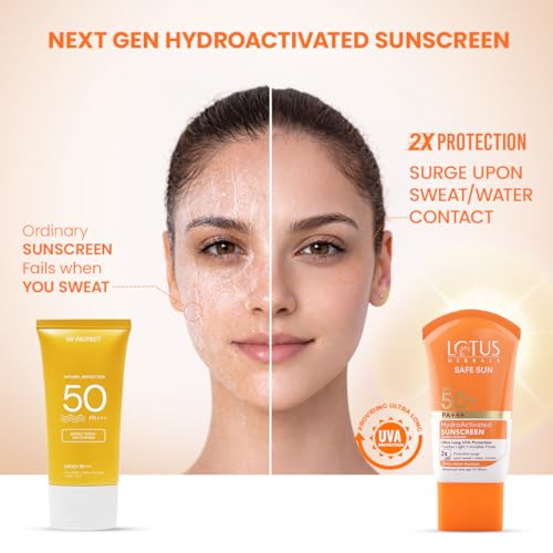 Image of Lotus Herbals Safe Sun HydroActivated Sunscreen SPF 50+ PA+++ | 2X Protection from Sun and Tan | In-Vivo Tested | No White Cast | 10-Hr Water Resistant | for Women and Men | All Skin Types | 50ml