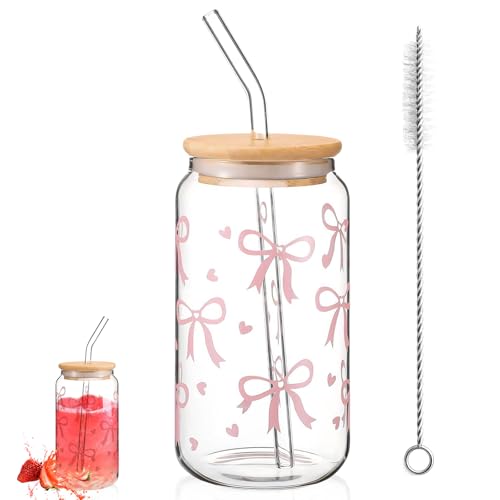 Dinhauyon vaso con lazo rosa de 16 oz,Tarro de vidrio para bebidas, vaso para bebidas multifuncional y elegante con tapa y pajita, regalo estético para amigas