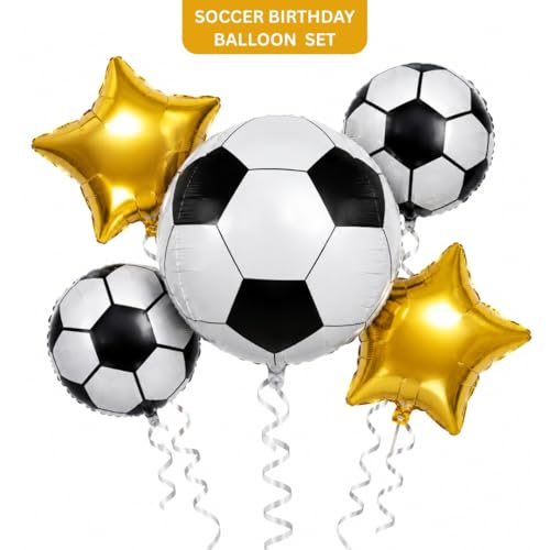 Image of Wanna Party Soccer Theme Foil Balloon Bouquet Set of 5 | Football Theme Helium Supported Balloons for Birthday Party Decoration, Sports Celebration & Cake Table Setup