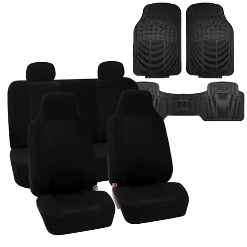 FH Group FH-FB102114 Full Set Classic Cloth Car Seat Covers Solid Black with F11306 Vinyl Floor Mats - Fit Most Car, Truck, SUV, or Van