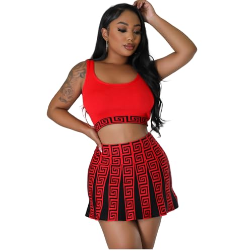 Fashion Round Neck Sleeved Pleated Skirt Two-Piece Knit Printed Dress3