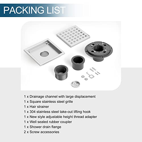 Tvane 4 Inch Square Shower Drain With Flange Removable Quadrato Pattern Grate, Brushed 304 Stainless Steel, Includes Floor Drain Base Hair Strainer,Brushed Nickel #TOP6
