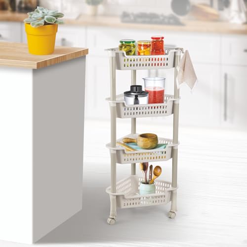 Nayasa Corner Trolley 4 Layers | Kitchen Organizer | Kitchen Shelf Organizer | Vegetable Basket for Onion,Potato |Vegetable Trolley with Wheels | 39.5 X 28 X 89 cm | White