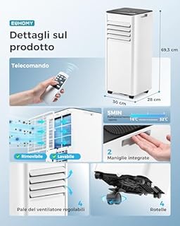 EUHOMY Condizionatore portatile 7000BTU 2,0kW(con telecomando), Climatizzatore Portatile 4-in-1 | condizionatore canalizzabile | Funzionamento silenzioso | Display LED | Copertura di 20 ㎡ | 24h-Timer