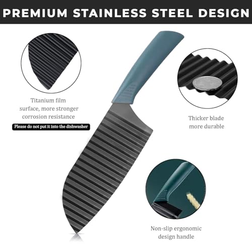 Image of PANCA Black Crinkle Knife for Vegetables & Fruits | Wavy Cutter for Potatoes, Salad, French Fries & Chips | Non-Stick Stainless Steel Blade with Ergonomic Handle (Green Handle)