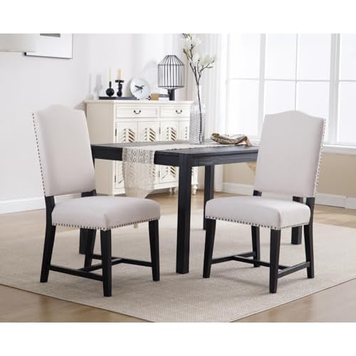 CIMOTA Mid Century Modern Dining Chairs Set of 2, Farmhouse Upholstered Dining Room Chairs Comfortable Kitchen Side Chairs with High Back/Black Solid Wood Frame, Linen Beige/2PCS