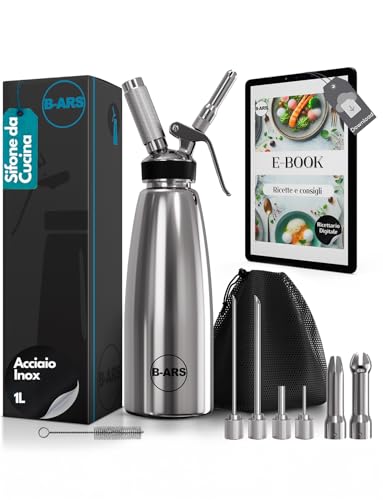 B-ARS Sifone Cucina Professionale Acciaio Inox 1L con Accessori Completi per Panna Montata Spume Salse Include Bocchette Spazzola Ebook Facile da Pulire per Uso Domestico
