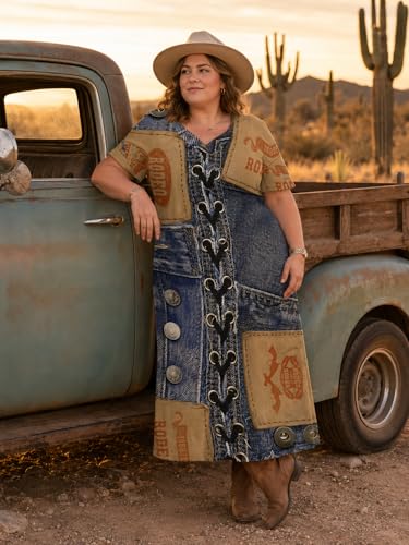 Image of SUZONANA Plus Size Denim Print Maxi Dresses for Women Casual V Neck Short Sleeve with Pockets Soft Jean Look Dress XL-6XL