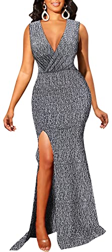 Image of Women's Sexy Long Sleeve Sparkly Maxi Dress V Neck High Slit Wrap Formal Gown Cocktail Glitter Maxi Long Dresses