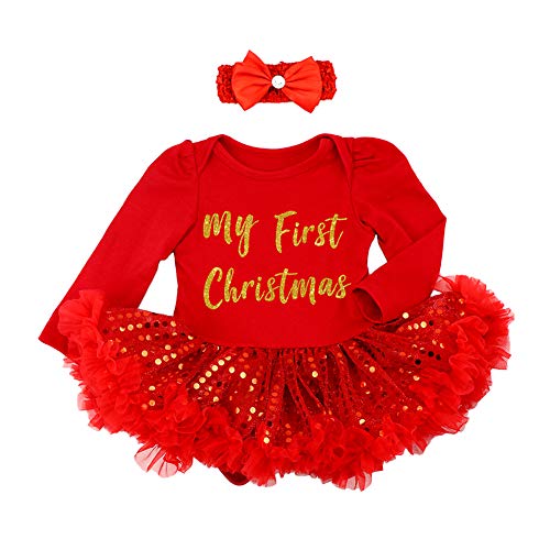 IBAKOM Baby Meisjes Mijn 1e Kerstkostuum Kerstboom Kousen Print Korte / Lange Mouw Romper Jurk Bodysuit + Hoofdband + Schoenen 3 Stks Outfit - Afbeelding 3