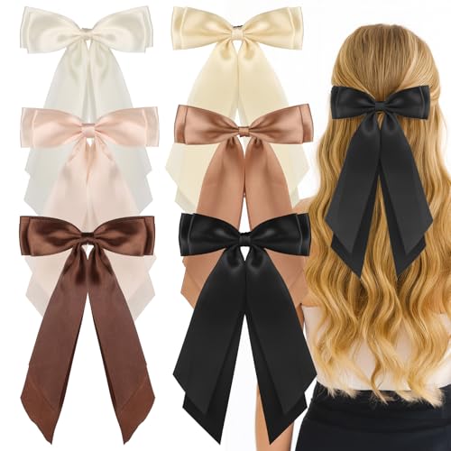 6 PCS Satin Hair Bows for Women 6 Colors Ribbon Bows with Long Tail Ribbon Hair Clip for Women Girls Toddler